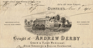 Detail from letterhead of Andrew Derby, Grain and Flour Merchant, Dumfries 1901 showing the Burgh mill