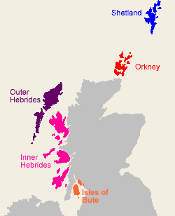 Map showing main Scottish island groups